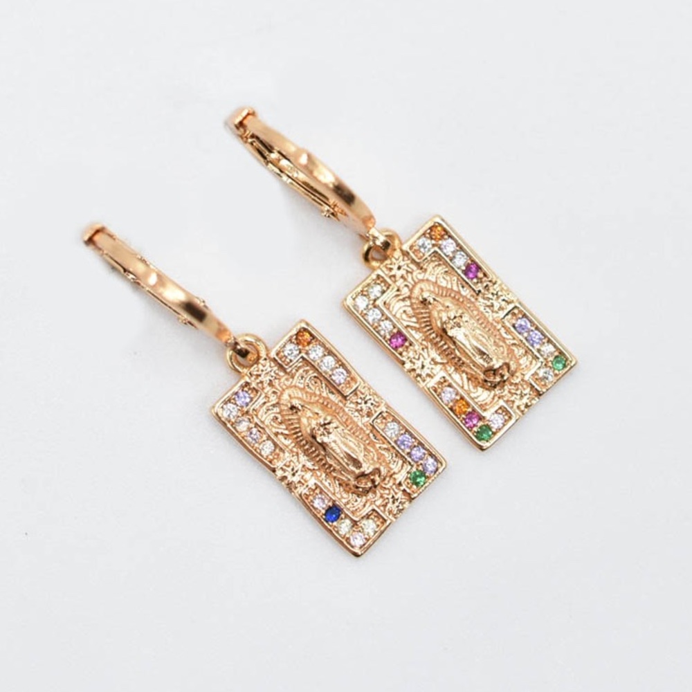 14k GF Multi-Color Mary Diamond Cut Medallion Earrings - Picture 4 of 4